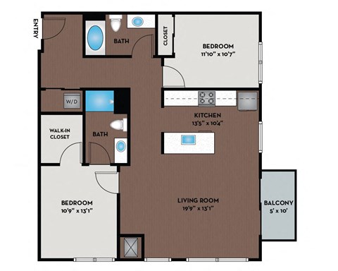 Floor plan for 2 beds, 2 baths, 1132 sqft